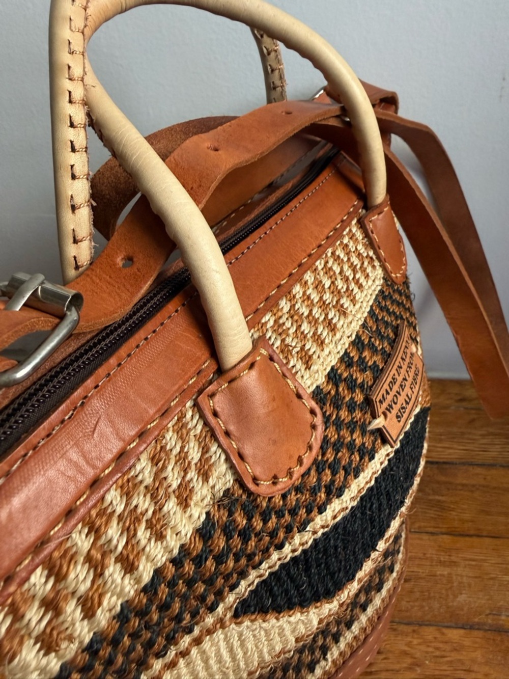 Handwoven Brown African Sisal Tote Bag Kenyan Basket Bag Leather Trim Large - Picture 6 of 11